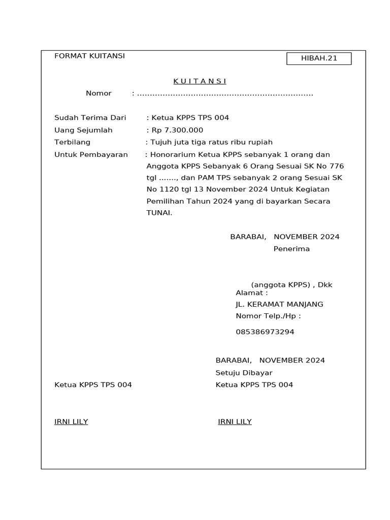 FORMAT KUITANSI KPPS (Form Hibah 21) 004 | PDF