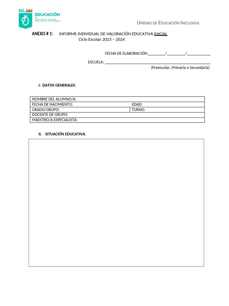 Informe de Valoración Educativa Inclusiva | PDF | Inclusión (Educación ...
