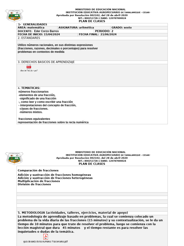 PLAN de CLASES ITA 2024 Segundo Periodo Sexto Matematica | PDF ...