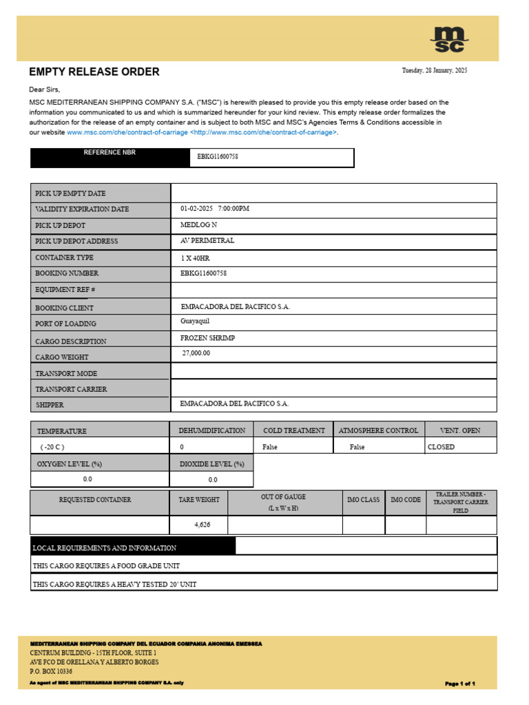 MSC Empty Container Release Order | PDF | Cargo | Shipping
