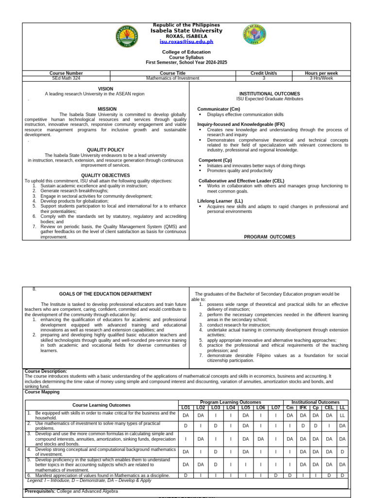 Mathematics of Investment Syllabus | PDF | Depreciation | Interest