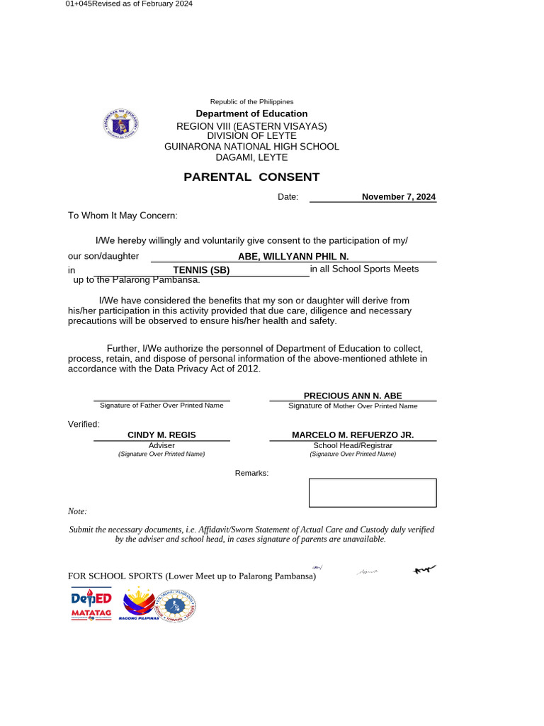 Parental Consent for School Sports Participation | PDF