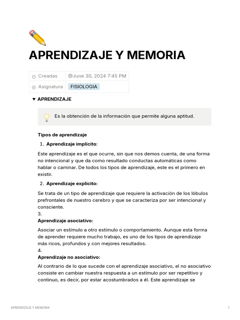 Tipos de Aprendizaje y Memoria | PDF | Memoria | Cerebro