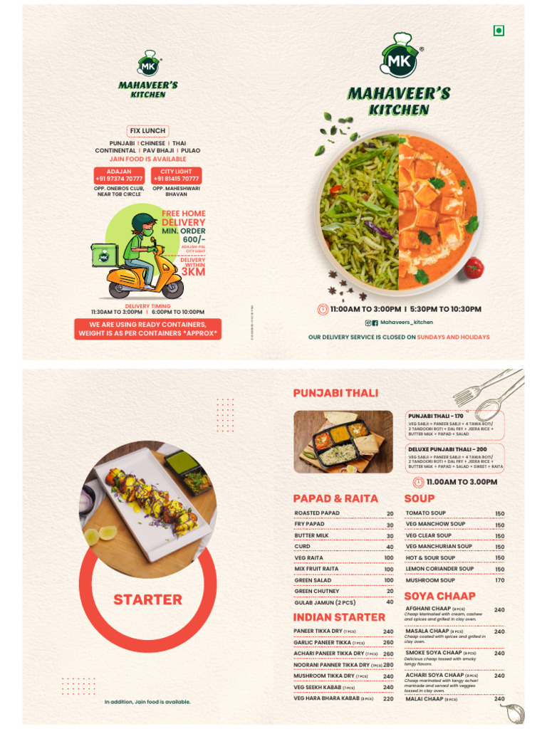 Mahaveer's Kitchen: Free Delivery Menu | PDF | Indian Cuisine | Curry