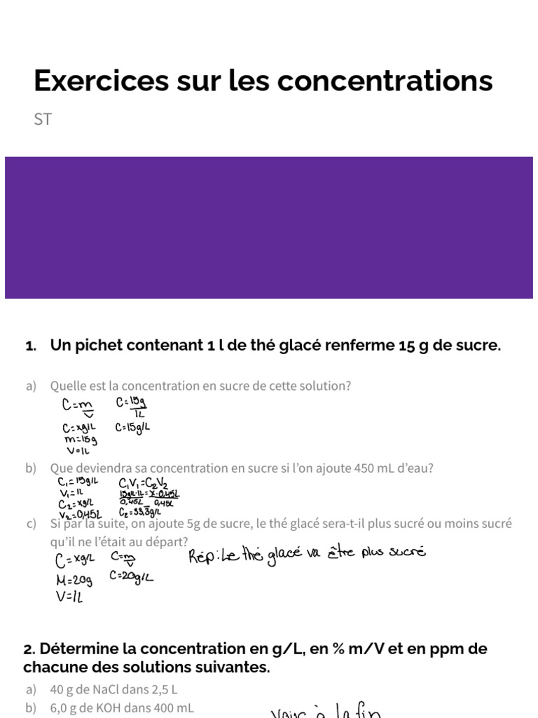 Exercices de calcul de concentration en solutions | PDF | Vinaigre ...