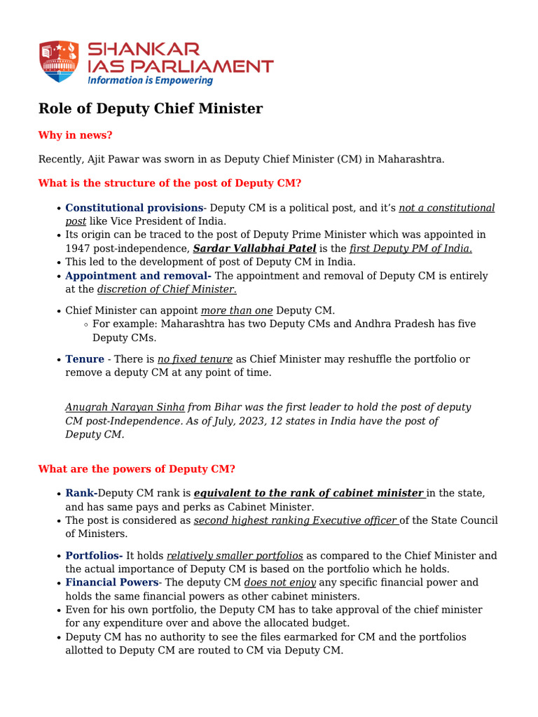 Understanding Deputy Chief Ministers in India | PDF | Government ...