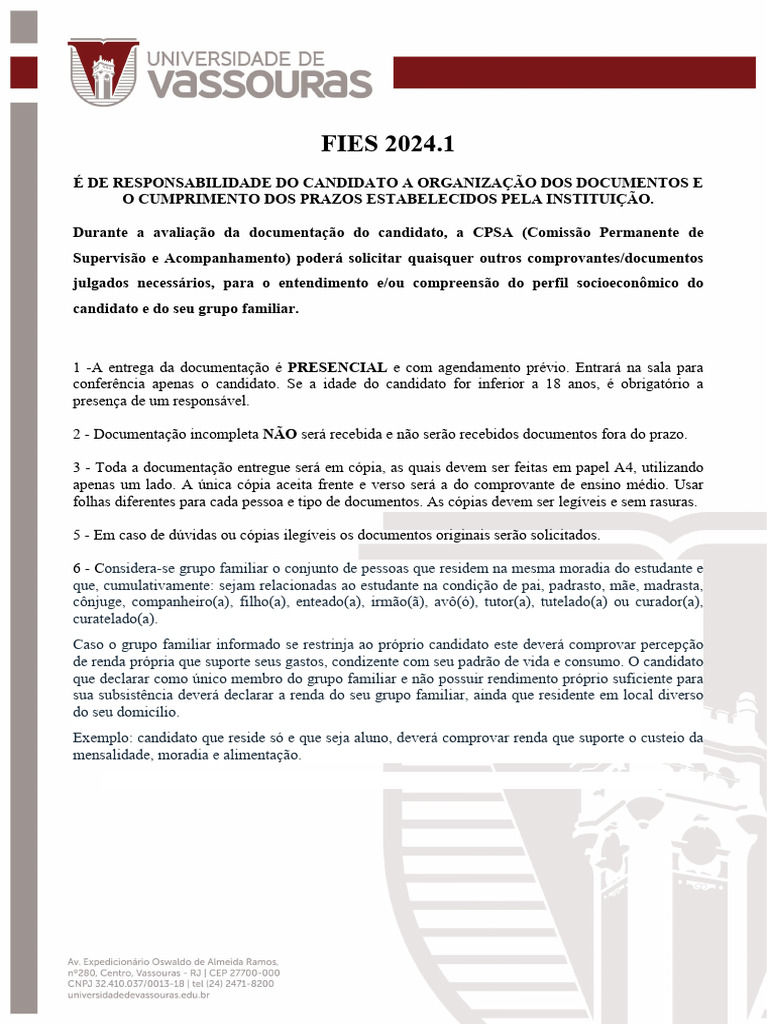 Documentação Necessária FIES 2024.1 | PDF | Imposto de Renda | Divórcio