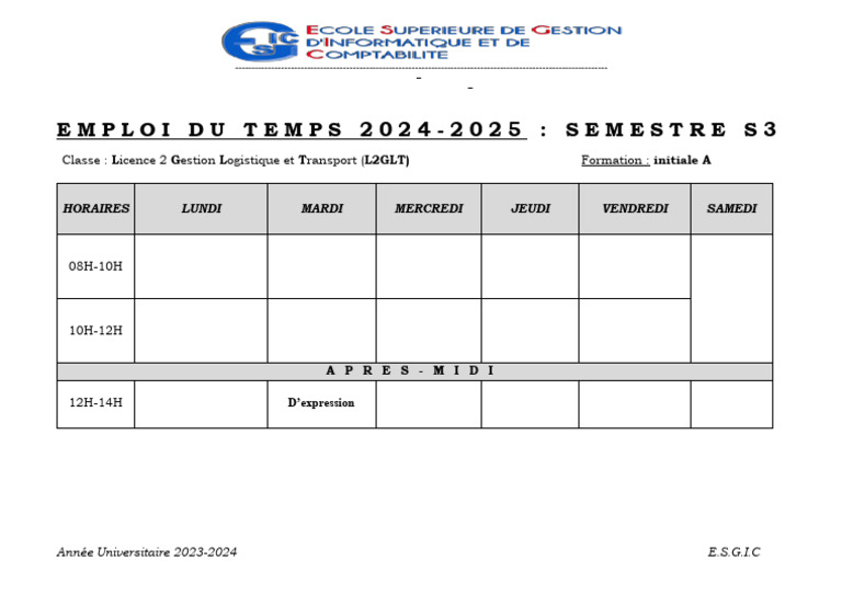 Emploi du temps L2 Gestion Logistique 2023-2024 | PDF