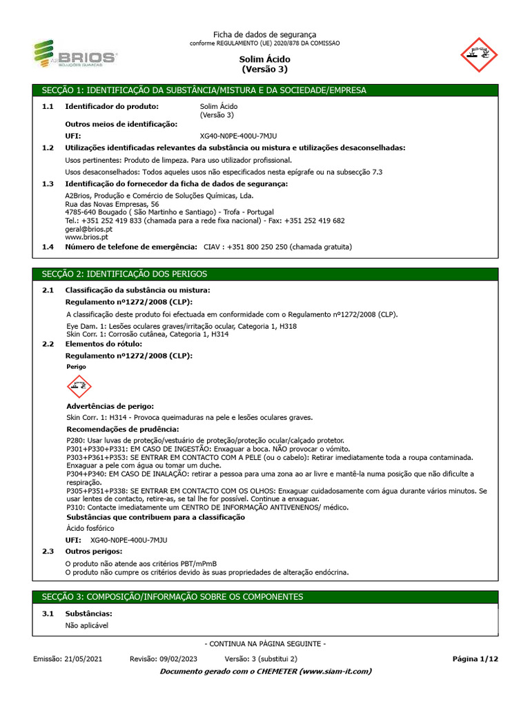 Ficha de Segurança do Solim Ácido | PDF | Vapor | União Europeia