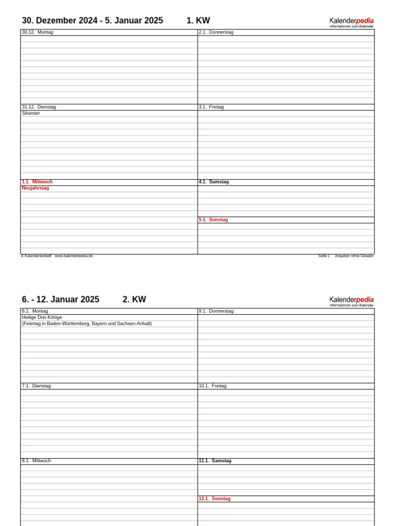 Wochenkalender 2025 Querformat | PDF