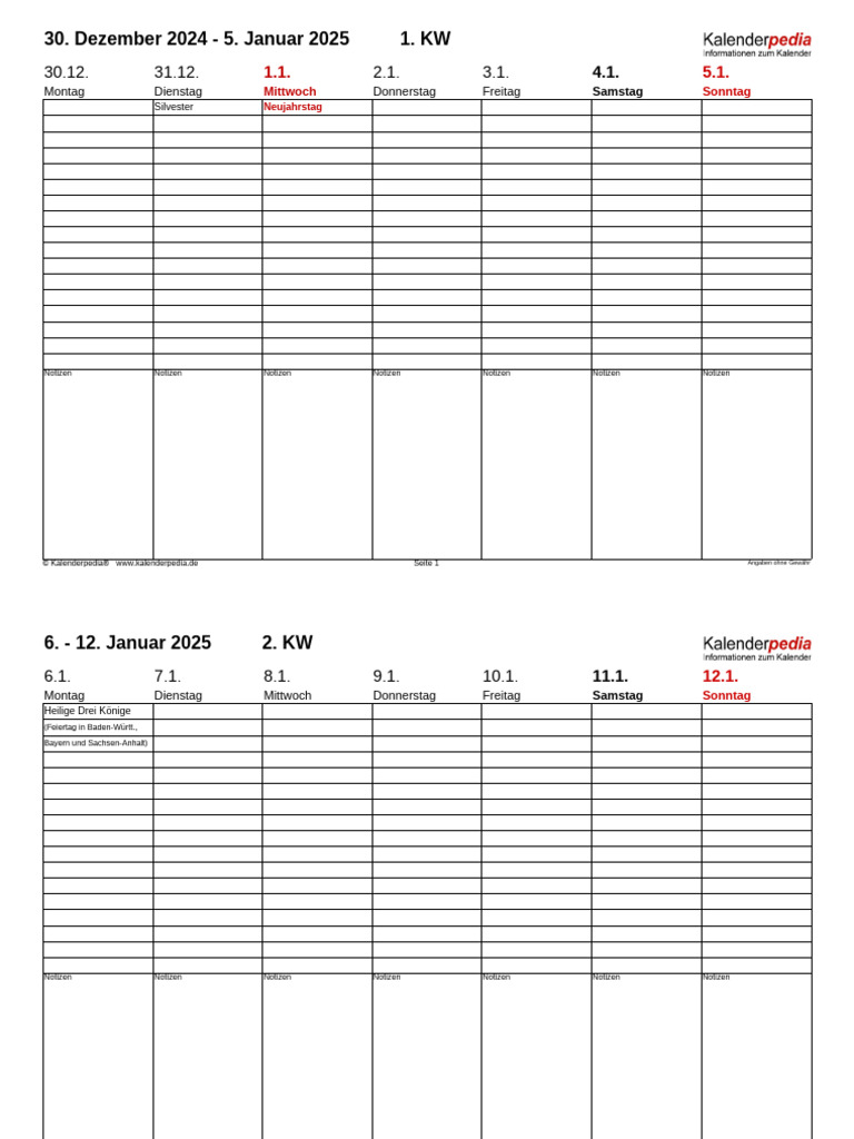 Wochenkalender 2025 Querformat Tage Nebeneinander | PDF
