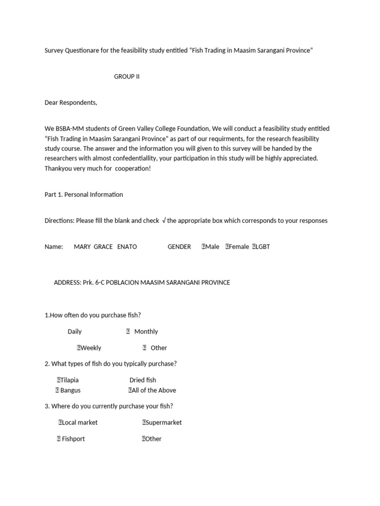 Fish Trading Feasibility Survey Maasim | PDF | Business | Economies