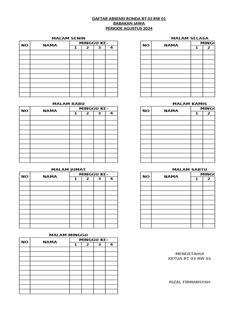 Absensi Ronda RT 03 RW 01 Agustus 2024 | PDF