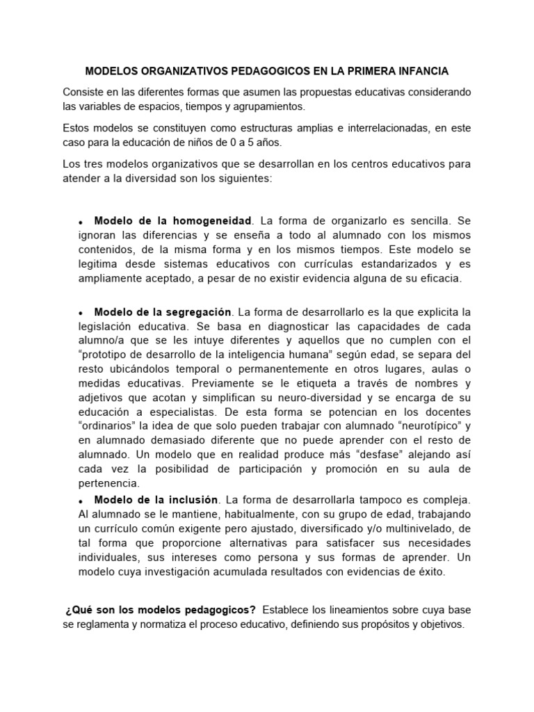 Modelos Pedagógicos en la Primera Infancia | PDF | Enseñando | Aprendizaje