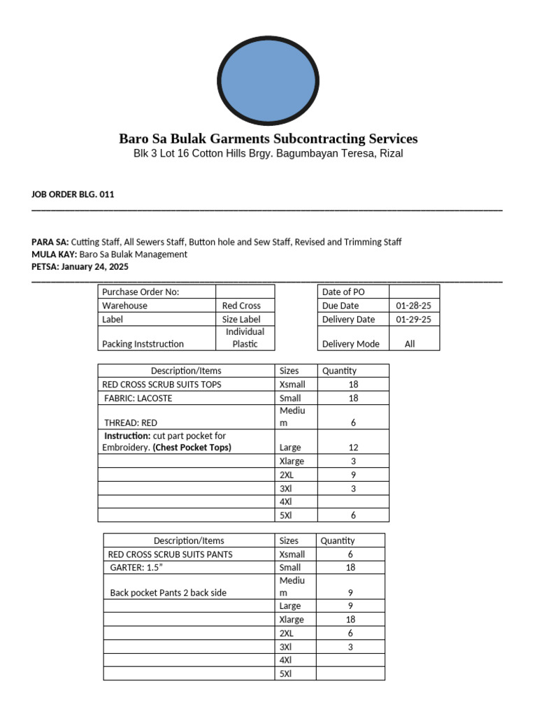 Job Order 011 Redcross Top and Pants Scrub Suites - 040338 | PDF ...