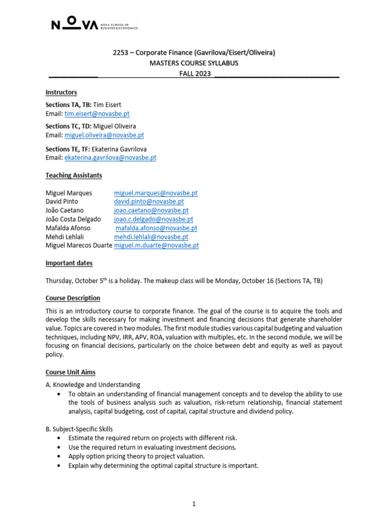 Corporate Finance Course Syllabus 2023 | PDF | Capital Budgeting ...