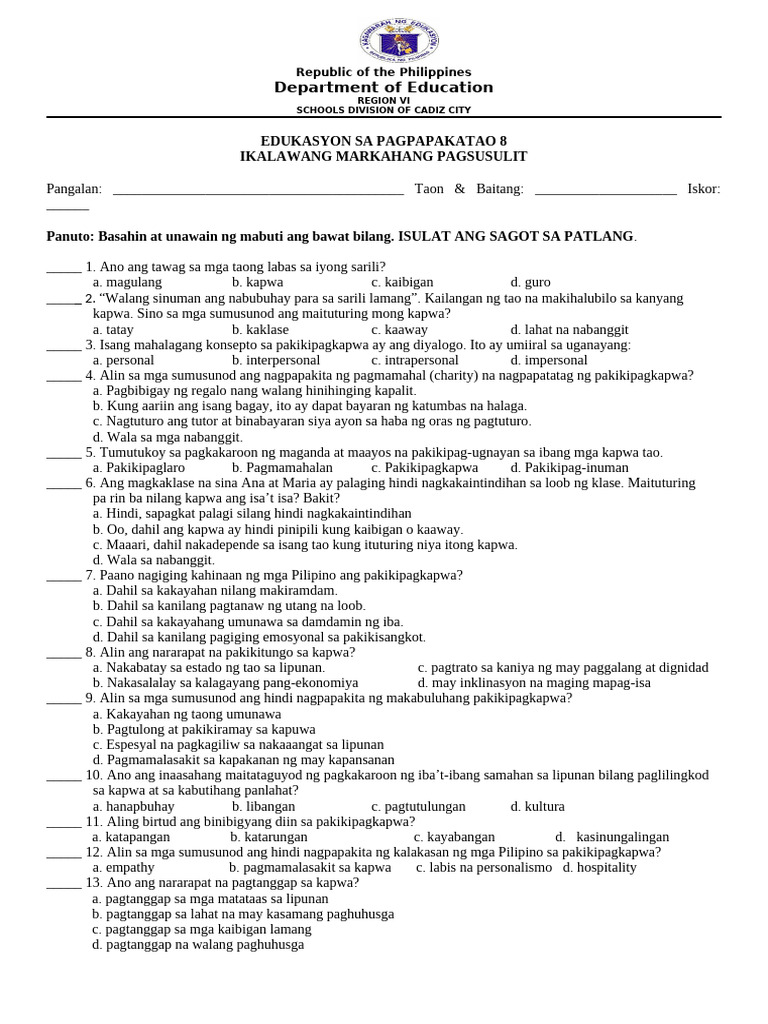 ESP 8 2nd Q Exam | PDF