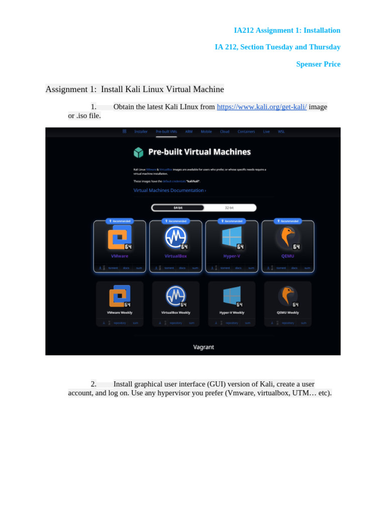 Assignment #1 - Install Kali Linux - Spenser Price | PDF