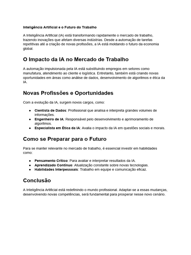 Impacto da IA no Futuro do Trabalho | PDF
