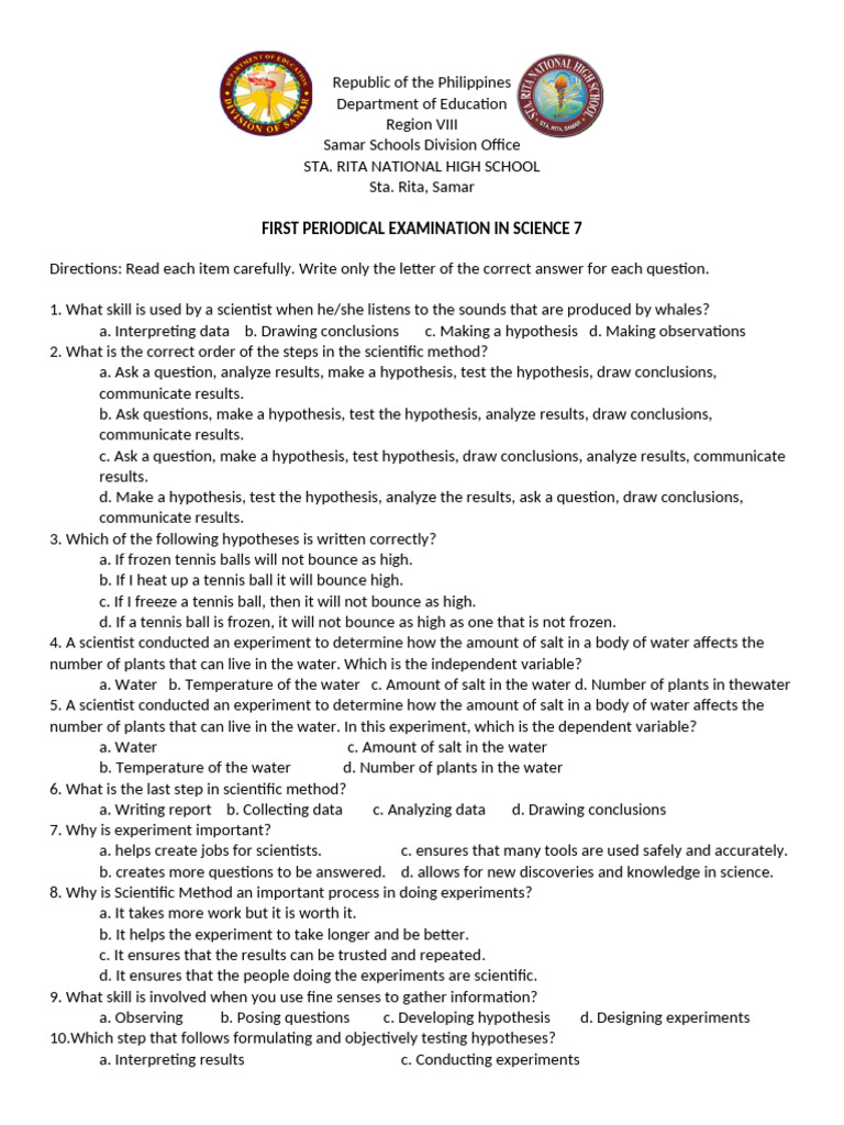1st Quarter Exam in SCIENCE 7 | PDF | Experiment | Solubility