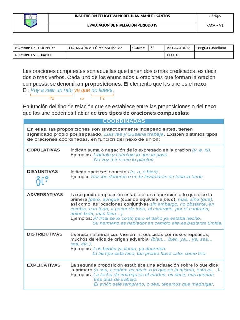 Tipos de Oraciones Compuestas en Español | PDF | Mecánica del lenguaje ...