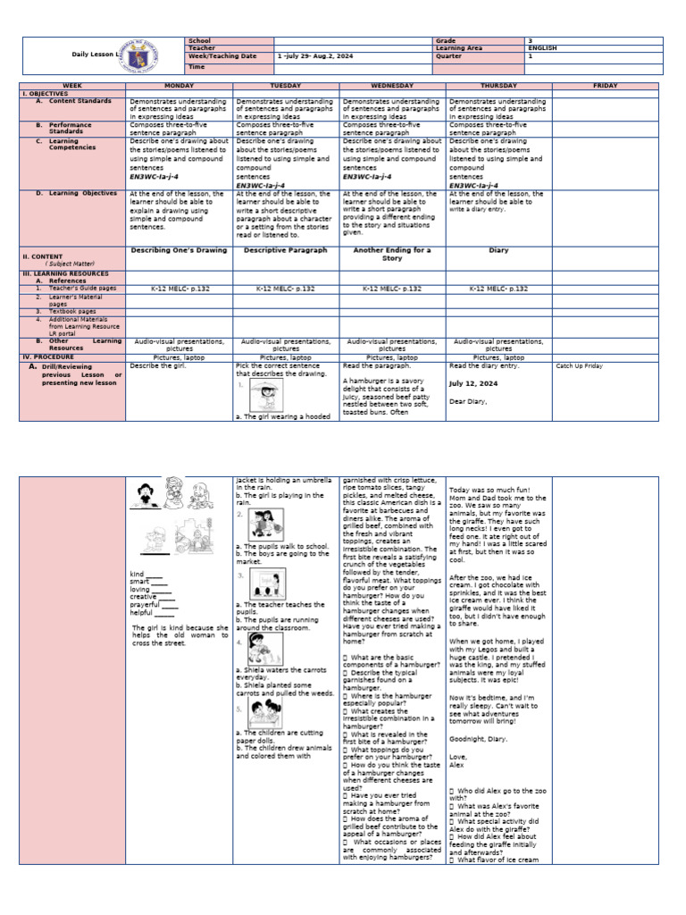 3rd Grade English Daily Lesson Plan | PDF | Learning