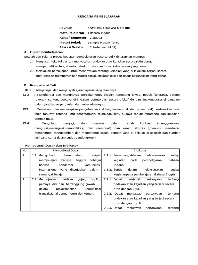 Rencana Pembelajaran Simple Present Tense | PDF