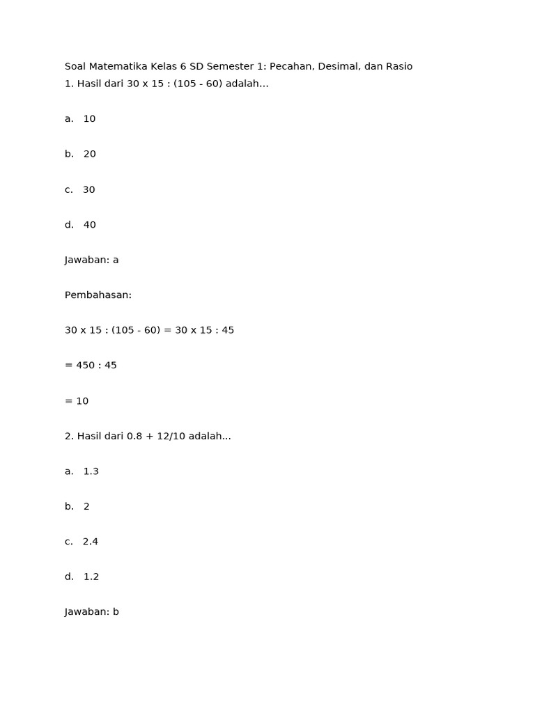 Soal Matematika Kelas 6: Pecahan & Rasio | PDF