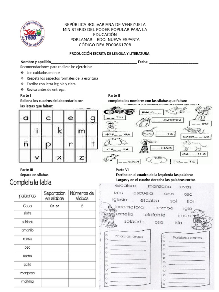 Ejercicios de Lengua y Literatura para Niños | PDF