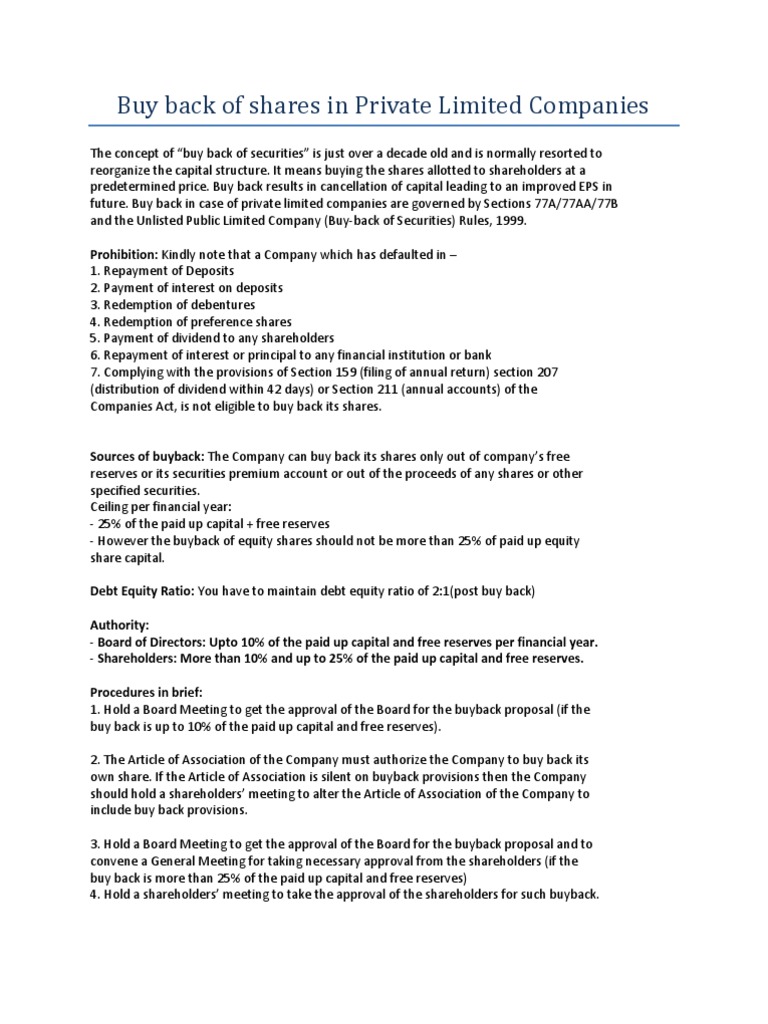 Buyback of Shares in Private Companies | PDF | Share Repurchase ...