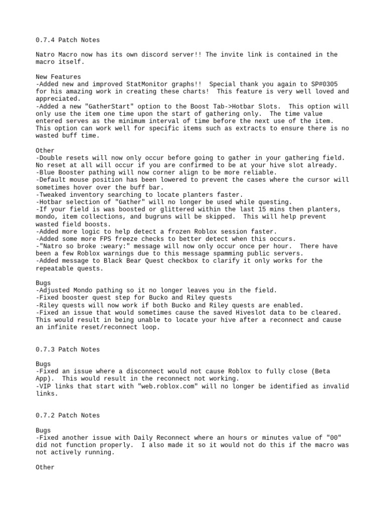 Natro Macro 0.7.4 Update Overview | PDF | Software Bug | Honey