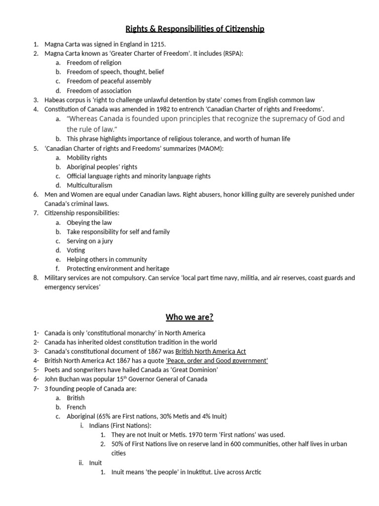 Citizenship Rights and Responsibilities in Canada | PDF | Provinces And ...