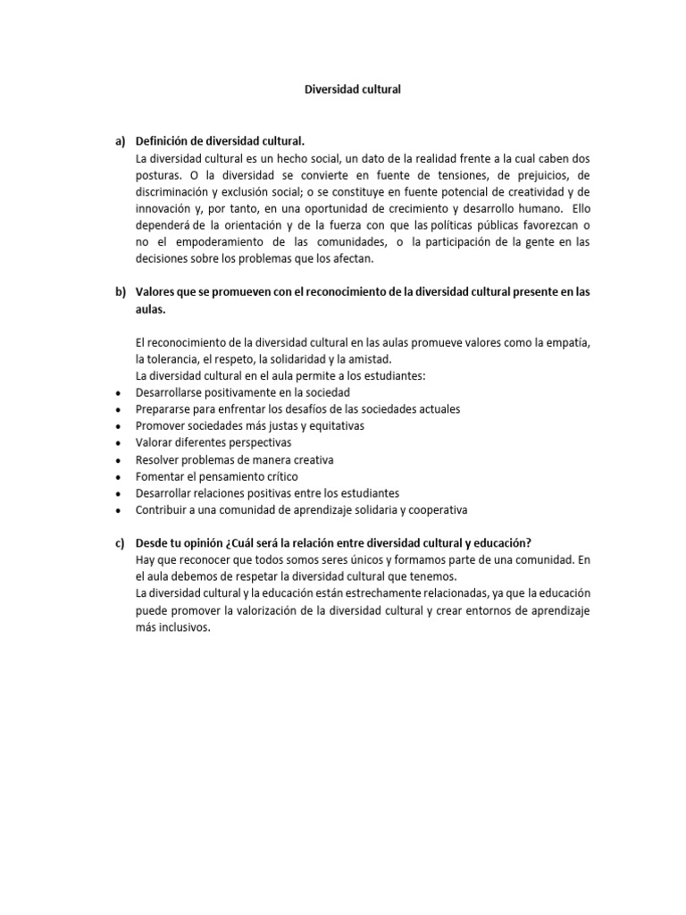 Importancia de la Diversidad Cultural en Educación | PDF