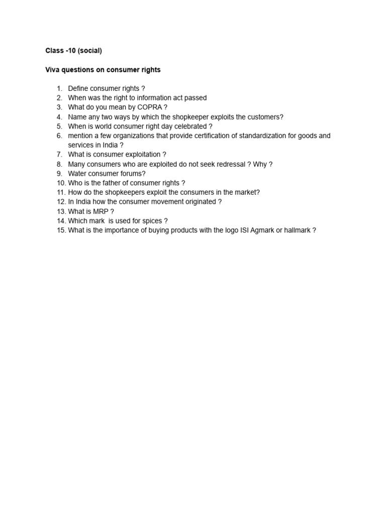 Consumer Rights Overview for Class 10 | PDF