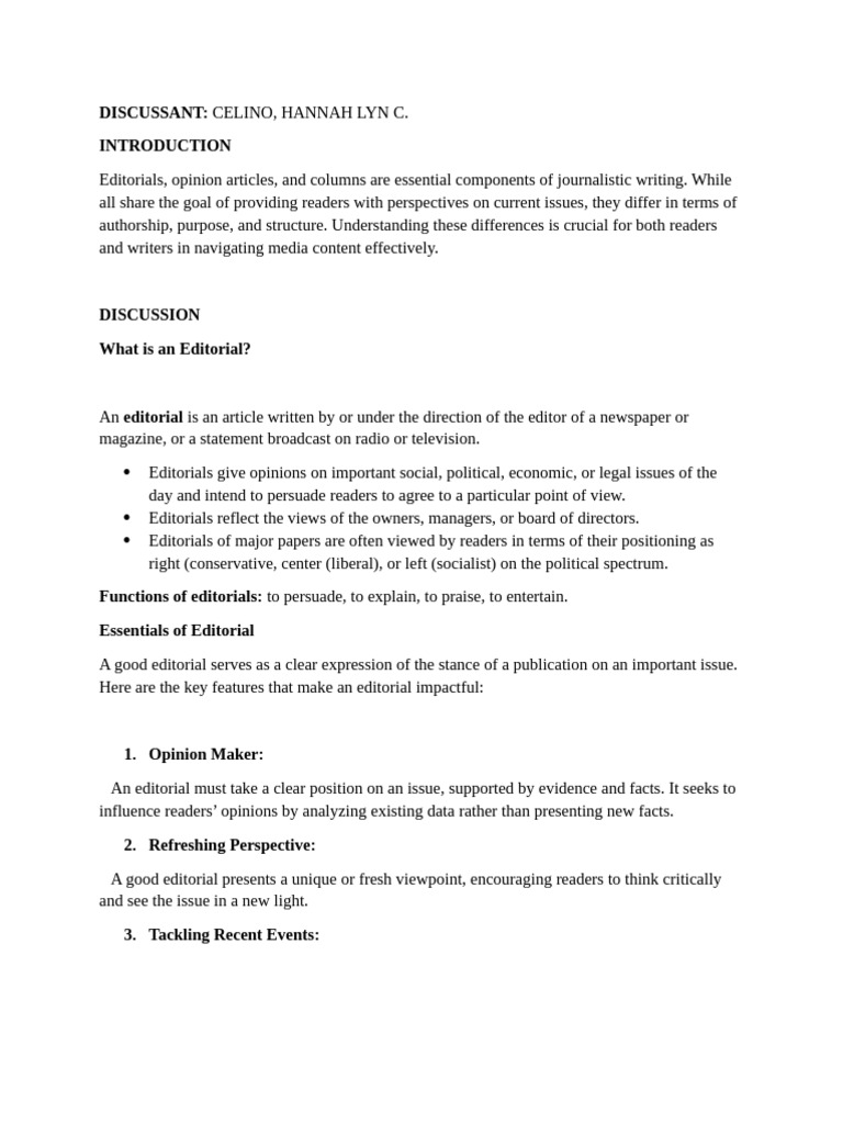 Understanding Editorials vs. Opinion Articles | PDF | Editorial | Writers