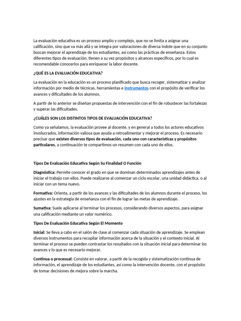 Tipos de Evaluación Educativa Explicados | PDF | Evaluación | Enseñando