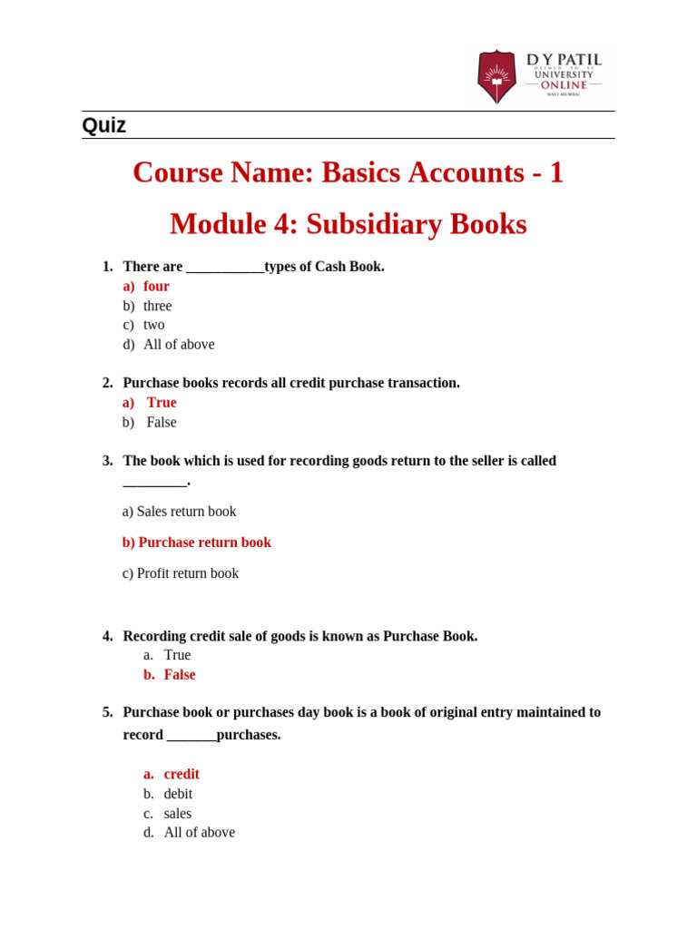 Subsidiary Books Quiz for Accounting | PDF