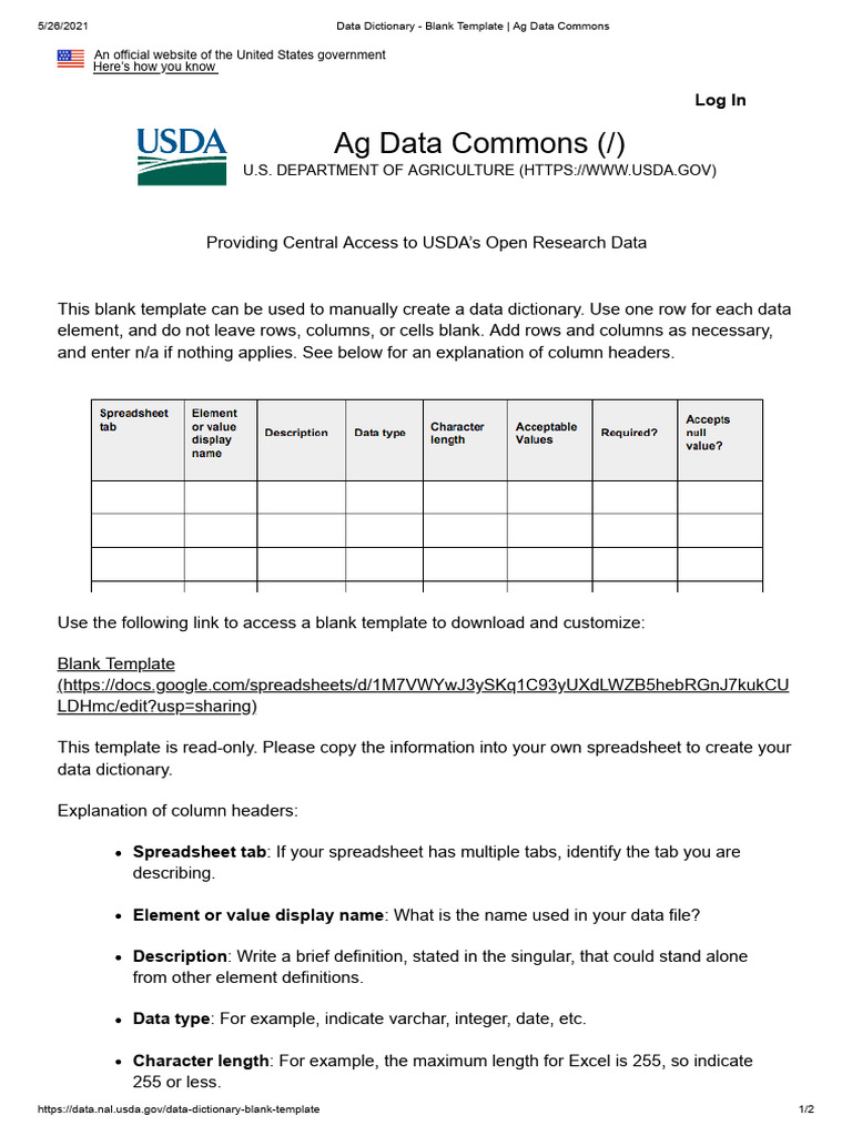 Data Dictionary - Blank Template _ Ag Data Commons | PDF | Spreadsheet ...