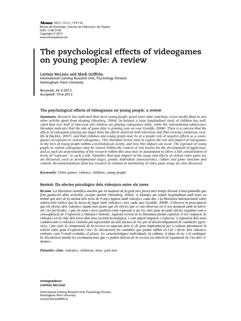 The Psychological Effects of Videogames On Young People.a Review | PDF ...