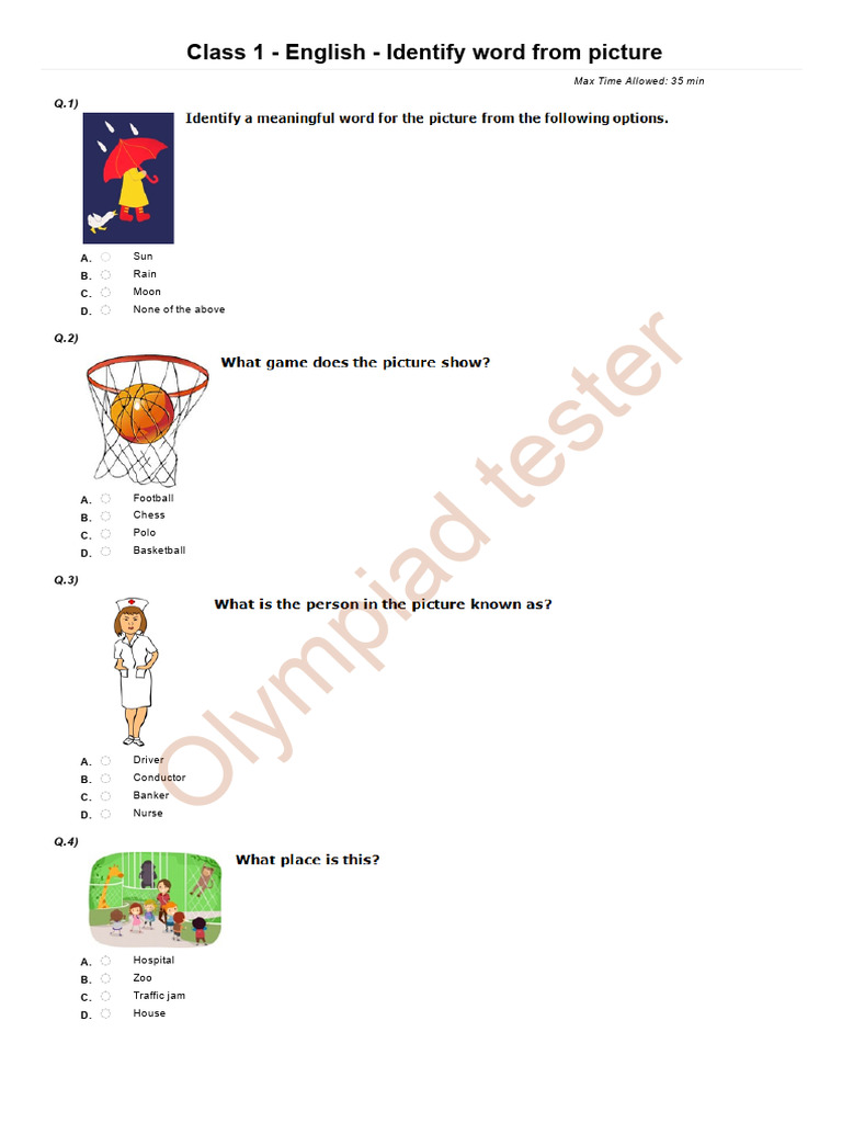 Class 1 Picture Identification Quiz | PDF