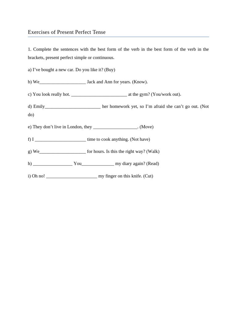 Present Perfect Tense Exercises | PDF
