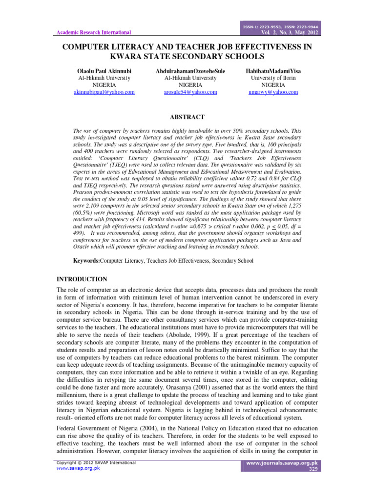 Computer Literacy Impact on Teachers in Kwara | PDF | Questionnaire ...