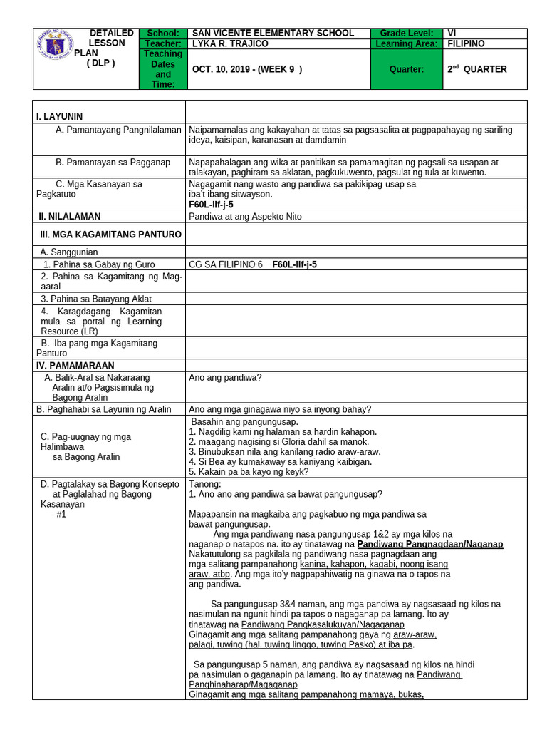 Dlp Observation Grade 6 Pdf