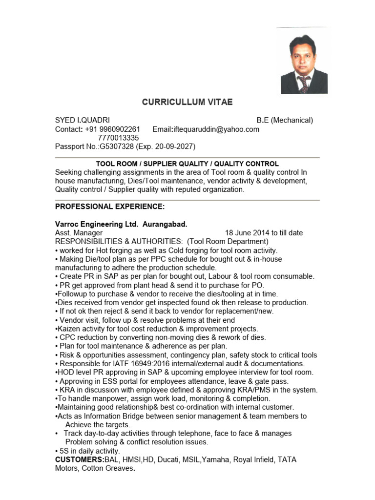 Quality Control Engineer CV - Syed I. Quadri | PDF | Duct (Flow ...