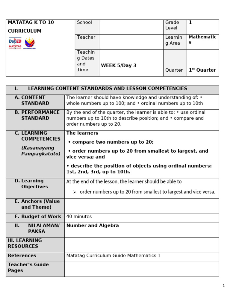 Grade 1 Lesson Plan: Ordering Numbers | PDF | Learning | Curriculum
