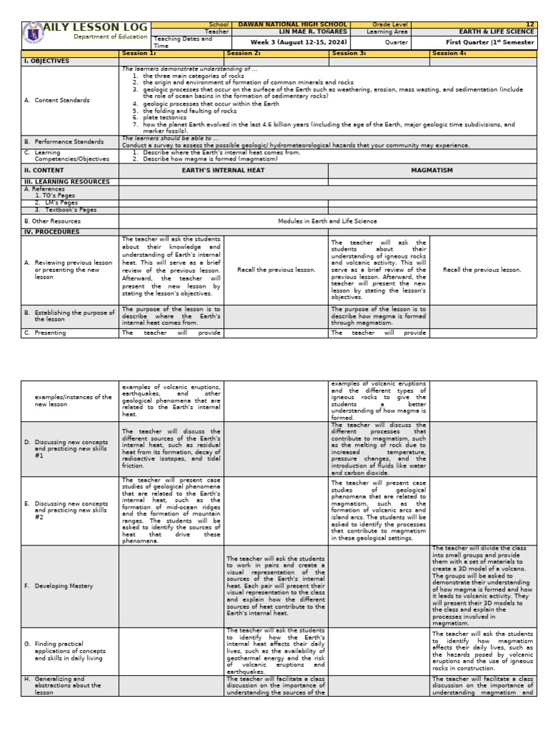 Grade 12 Earth Science Lesson Plan | PDF | Volcano | Rock (Geology)