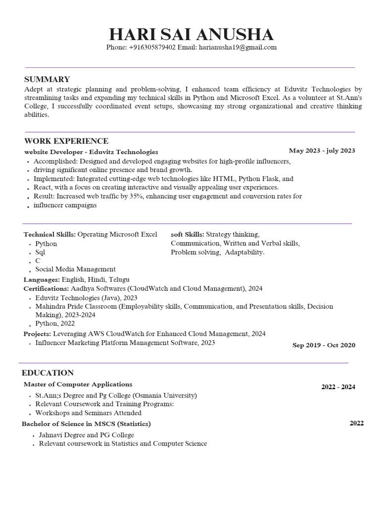 Anusha's Professional Profile Summary | PDF