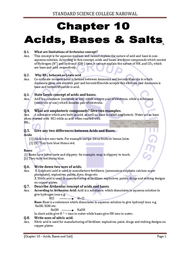 Chemistry Chapter 10 Final | PDF | Acid | Salt (Chemistry)