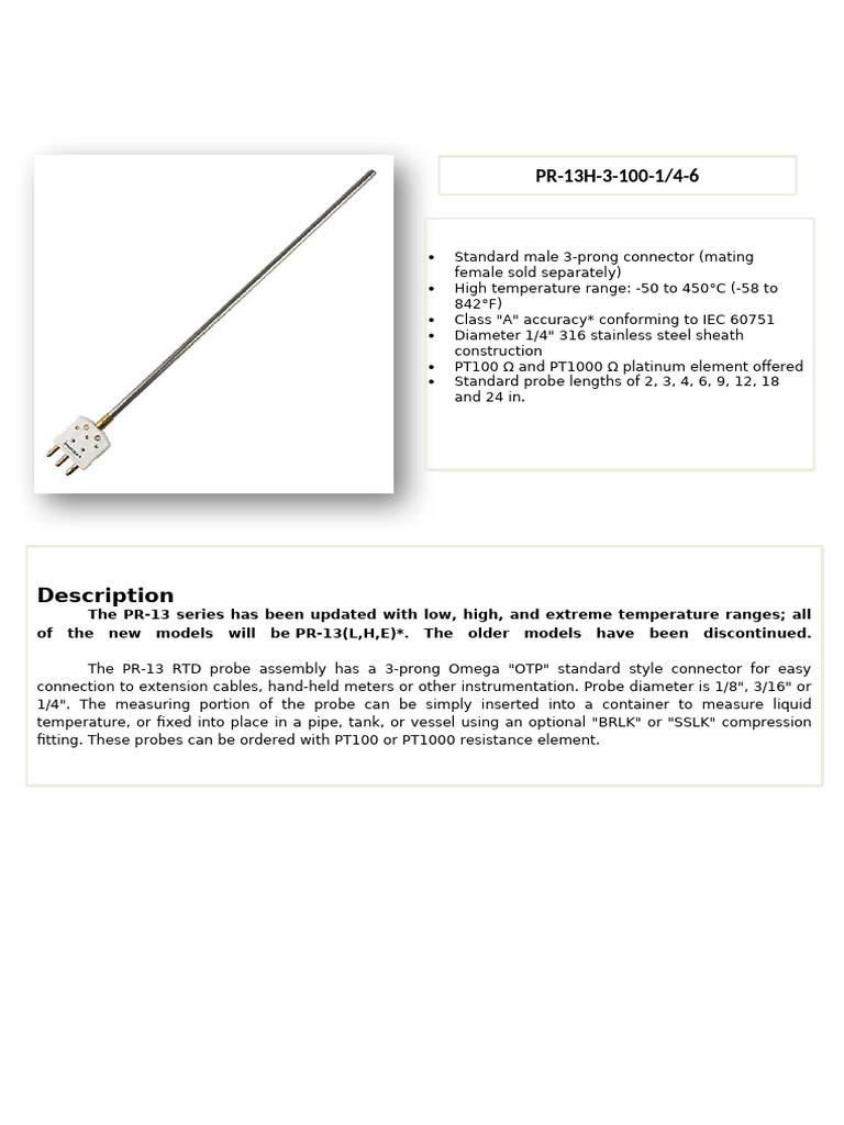 PR-13 RTD Temperature Probe Specs | PDF