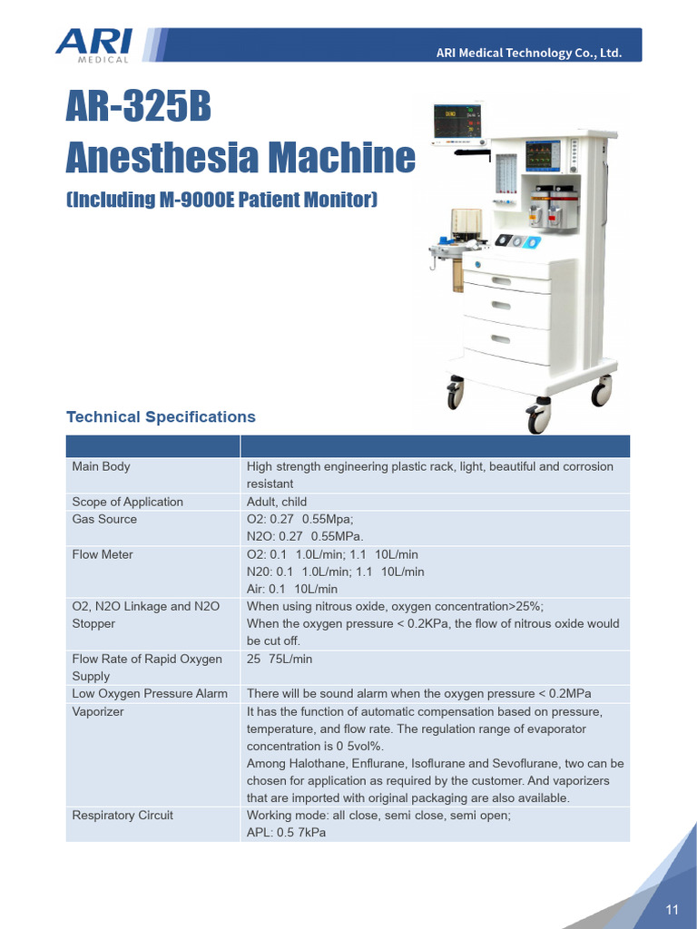 Anesthesia Machine AR-325B Specs | PDF | Nitrous Oxide | Chemical ...